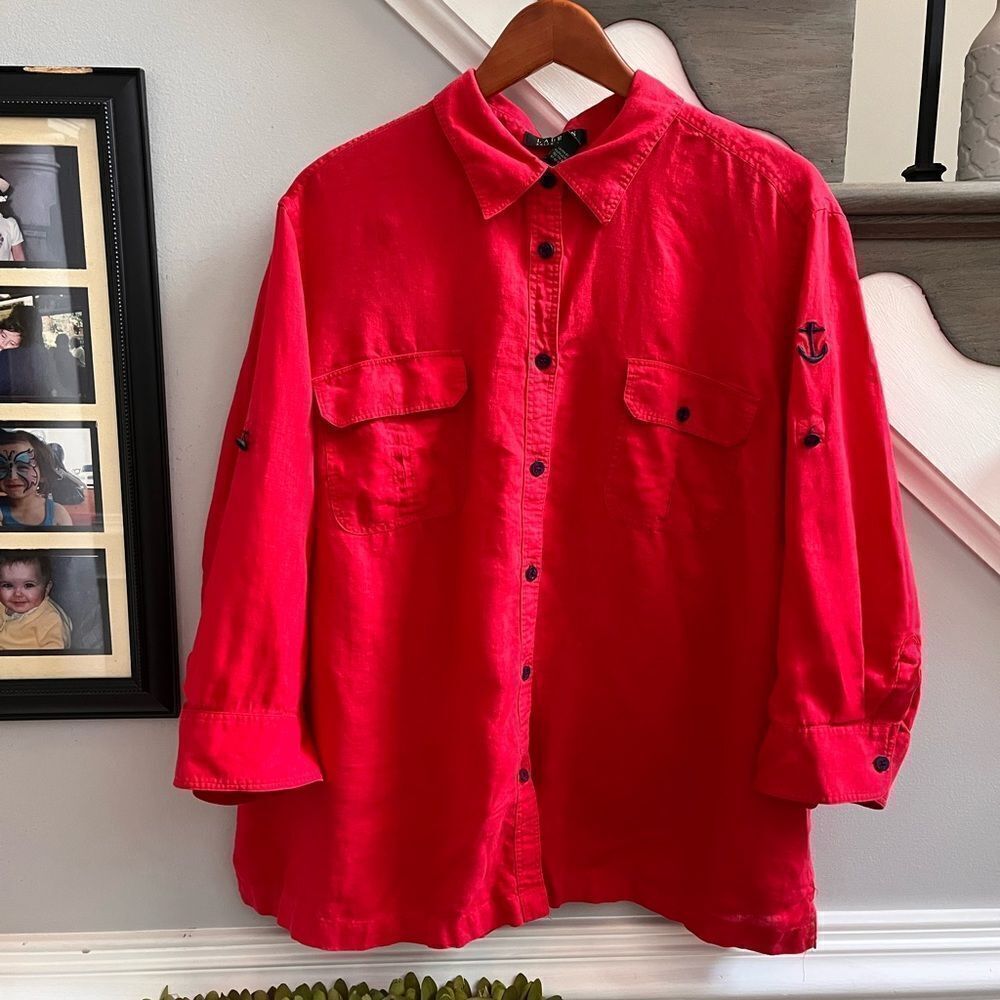 Lauren Ralph Lauren Red Anchor Linen Button Down Shirt sz 3X